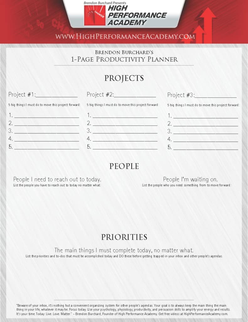  1 page productivity planning sheet