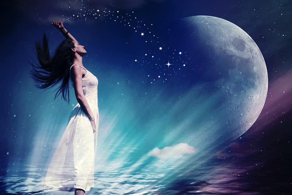 A beautiful rendition of a lady standing in shallow water, with a beautiful Moon behind her. Makes me think of the cosmic wonders out there!