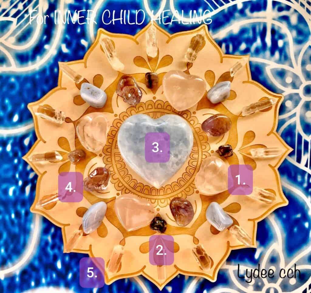 The Inner Child healing crystal grid by Lydee Ritchee, with numbered crystals.