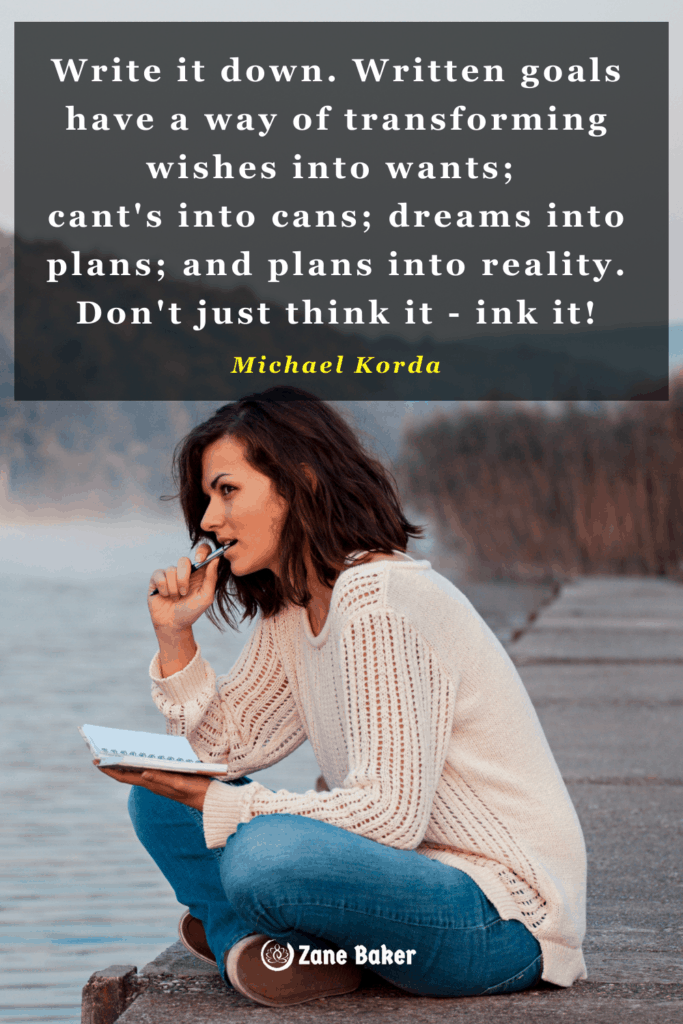 Write it down. Written goals have a way of transforming wishes into wants; cant's into cans; dreams into plans; and plans into reality. Don't just think it - ink it! That's one of the ways on how to manifest and the secret to manifestation. How to manifest secret to manifestation