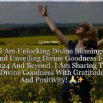 Unlocking Divine Blessings: Unveiling Divine Goodness For February and Beyond "Text graphic stating 'I Am Unlocking Divine Blessings And Unveiling Divine Goodness For 2024 And Beyond. I Am Sharing The Divine Goodness With Gratitude And Positivity!', symbolizing personal spiritual growth and positivity for the upcoming years, accompanied by a prayer hands emoji and a sparkling star emoji to signify gratitude and magic."