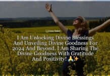 Unlocking Divine Blessings: Unveiling Divine Goodness For February and Beyond "Text graphic stating 'I Am Unlocking Divine Blessings And Unveiling Divine Goodness For 2024 And Beyond. I Am Sharing The Divine Goodness With Gratitude And Positivity!', symbolizing personal spiritual growth and positivity for the upcoming years, accompanied by a prayer hands emoji and a sparkling star emoji to signify gratitude and magic."